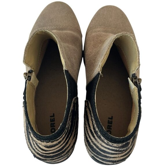Sorel Joan Major Low Bootie Women 8 Tan Suede Zebra Stripe Pony Hair Taupe Boots - Picture 9 of 16